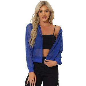 Hoodie Jacket Zip Up Long Sleeve Mesh Sheer Bomber Jackets Blue
